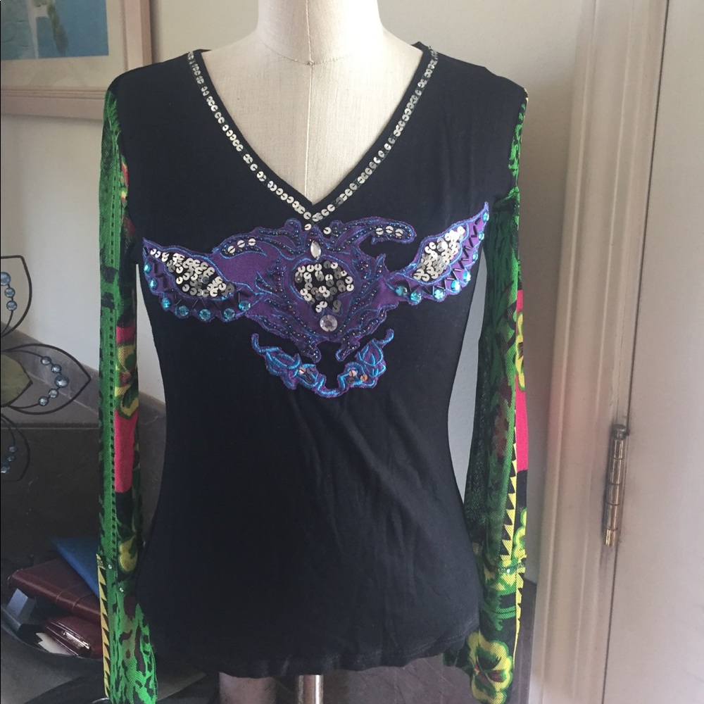 NWT !!! West 86th New York Black V Neck Beaded Sequined Graphic Womens Medium